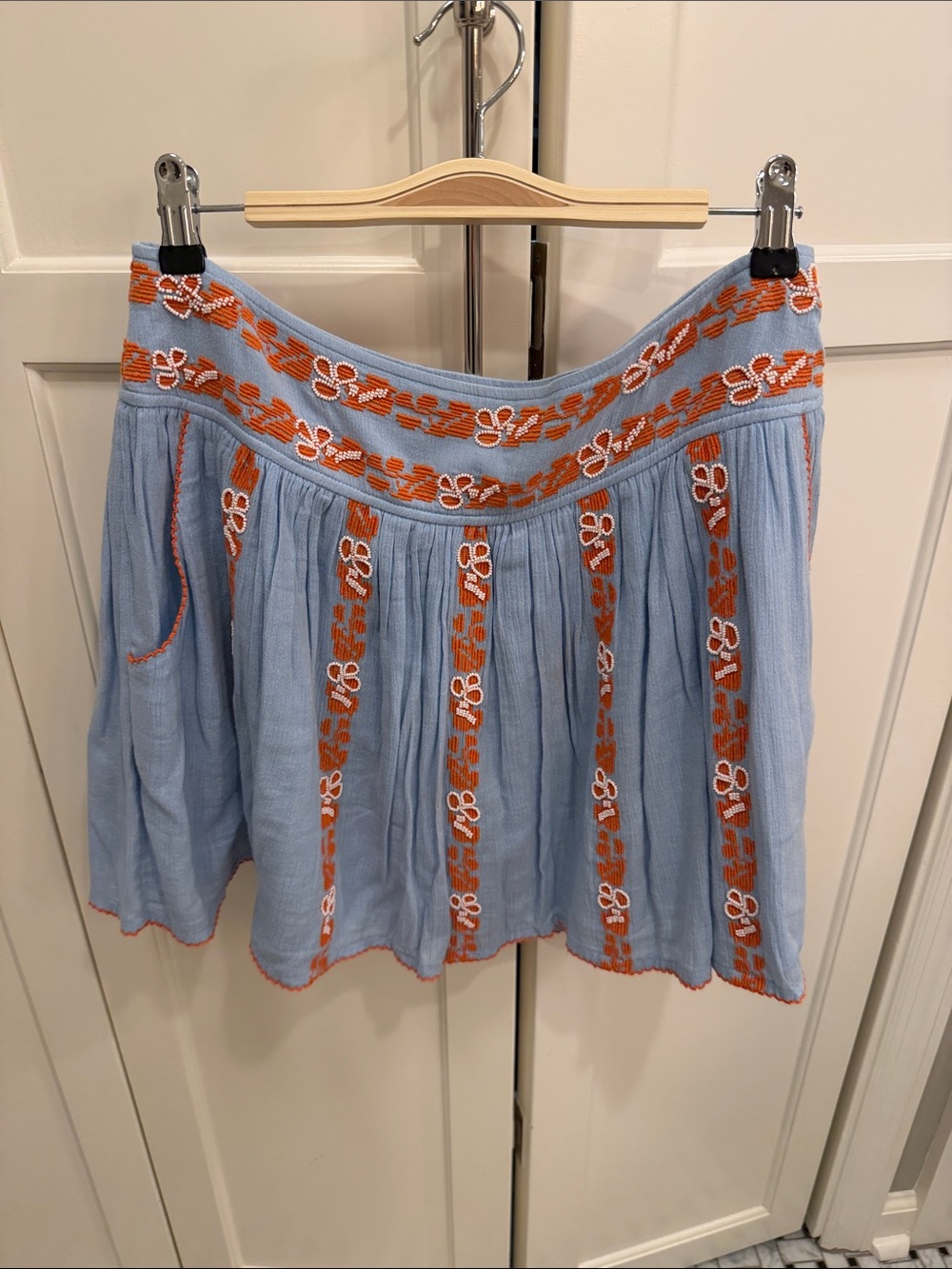 Tory Burch Light Blue Gauze Skirt with Orange Embroidery